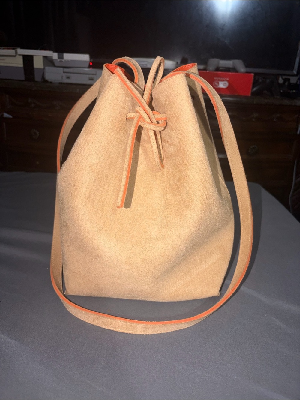 Laila GEIR NESS Norway Beige Orange Bucket Suede Shoulder Bag With Coin Purse
